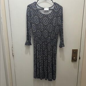 French Grey Navy Patterned Long Sleeve Dress